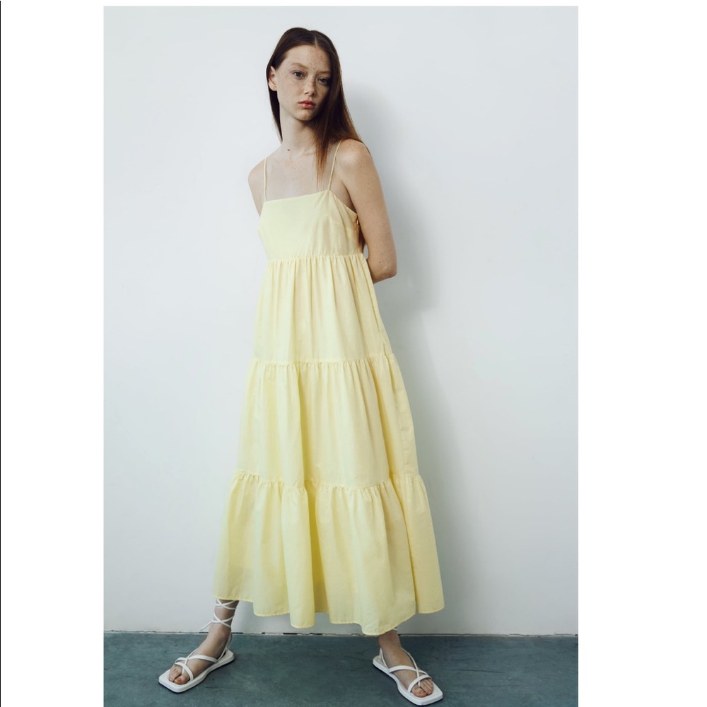 Nwt/XS/S/M Zara Yellow Tiered Poplin Maxi Dress
